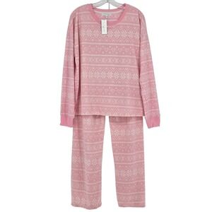 PJ Salvage NEW Women's Large Pink Dream Fair Isle Fleece Pajama 2 Piece Set Snow